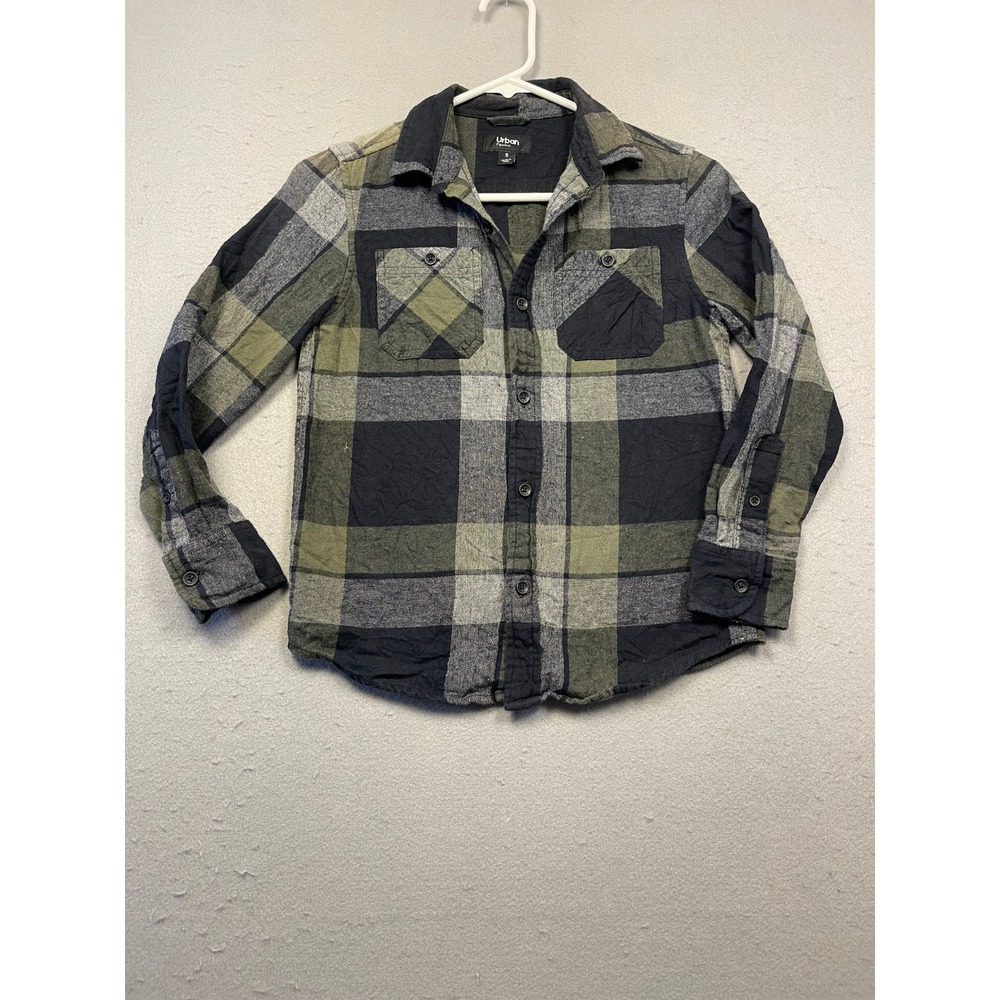 Urban Pipeline Shirt Flannel Cotton Plaid Green Navy Grey Small Boys
